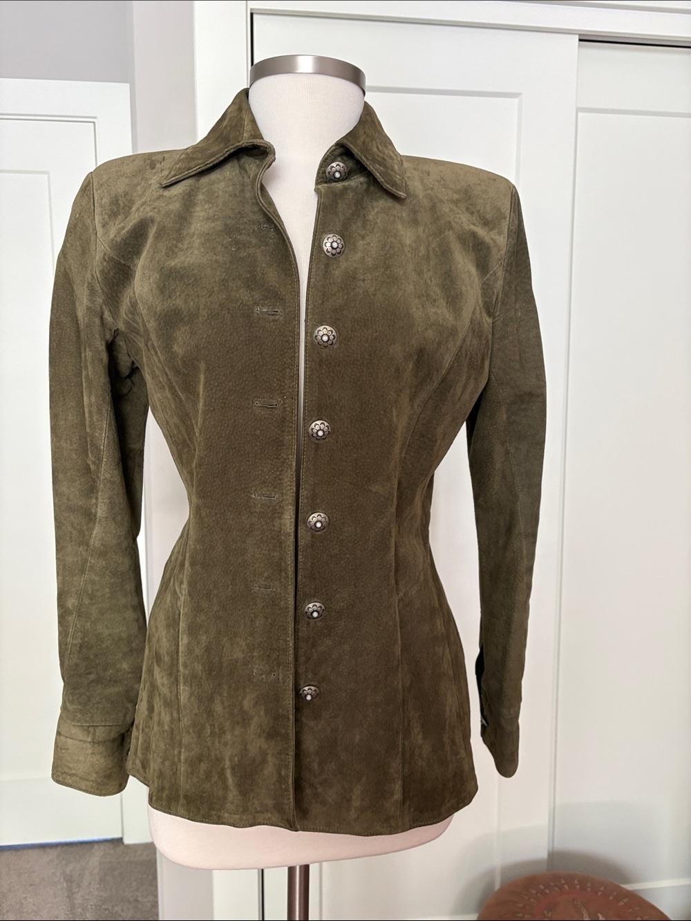 Vintage Olive Suede Button-Front Women's Jacket by Char of Santa Fe, USA.